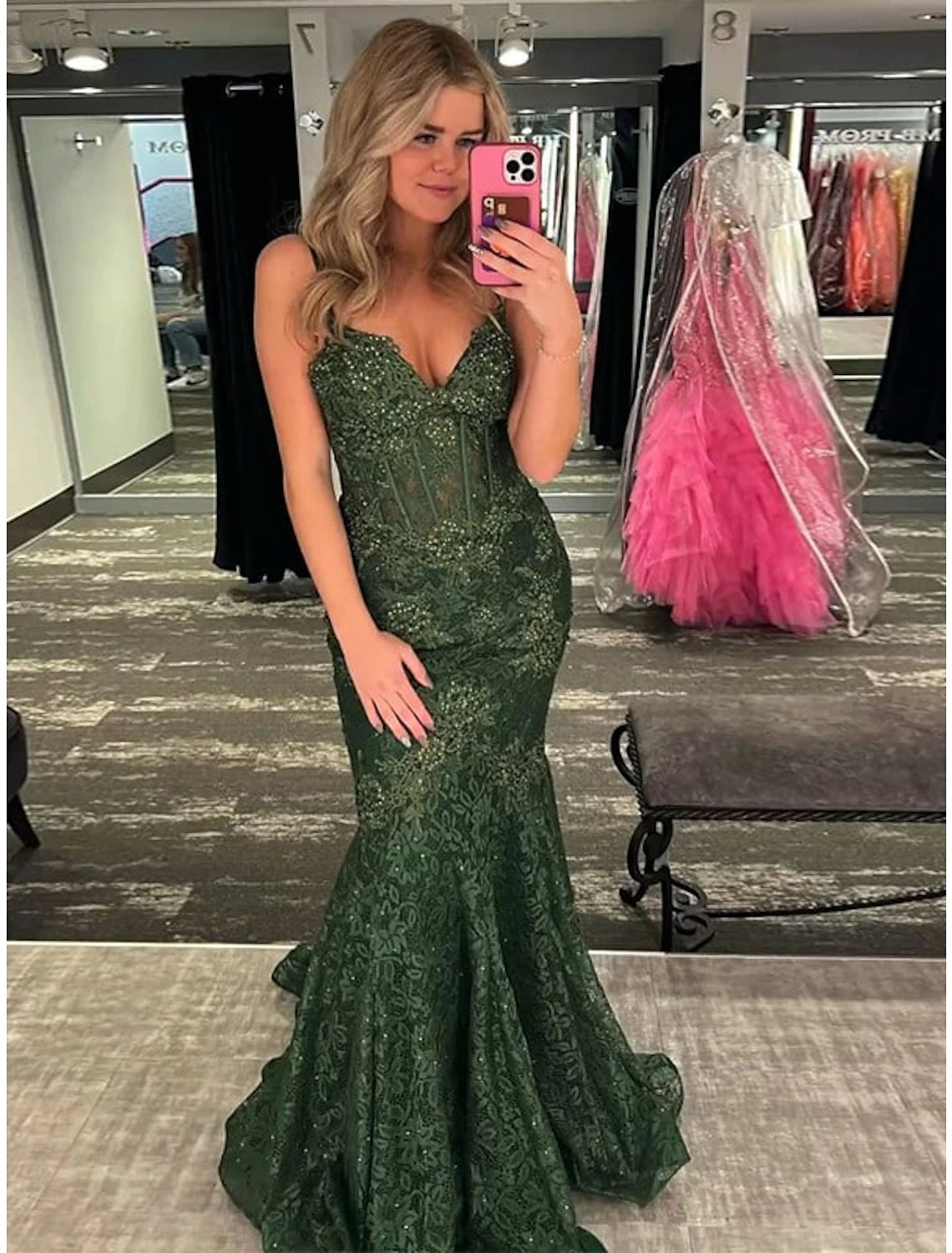 Meerjungfrau/Trompete Abendkleid Maxikleid Formell Sweep/Pinsel Schleppe Ärmellos Spaghettiträger Elasthan Rückenfrei mit Kristallapplikationen Reine Farbe